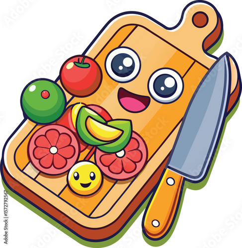 Smiling cutting board with knife and veggies, kawaii kitchen tool vector illustration on transparent background