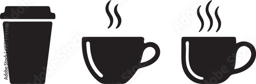 Set of black silhouette icons representing coffee cups and a to go cup