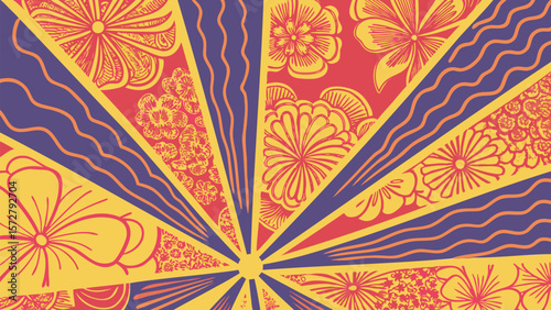 Radial pattern with floral and wavy line designs in yellow purple and red color scheme abstract art