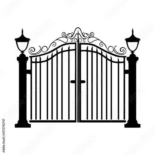 Elegant Gate Silhouette: A classic silhouette of an ornate gate, flanked by elegant lanterns, invites viewers to explore the aesthetic beauty of design and structure.