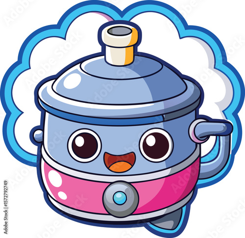 Whistling pressure cooker with smiling face and steam puff, kawaii kitchen appliance vector on transparent background