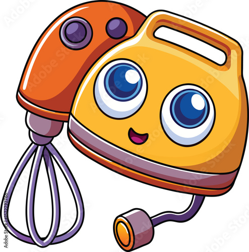 Kawaii hand mixer with beaters and smiling face, cartoon kitchen appliance vector on transparent background