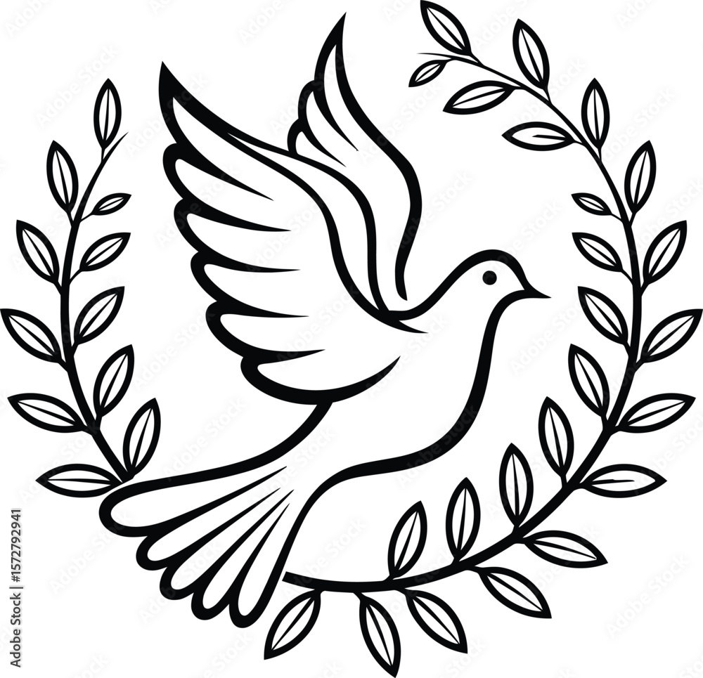 Obraz premium A graceful black-and-white illustration of a dove in flight, surrounded by an intricate wreath of leaves. This design symbolizes peace and harmony, making it perfect for greeting cards.