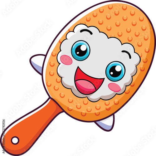  Cartoon rice paddle with curved edge and smiling face, kawaii cooking utensil vector on transparent background