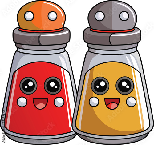 Smiling salt and pepper shakers duo with kawaii faces, cartoon condiment set vector on transparent background