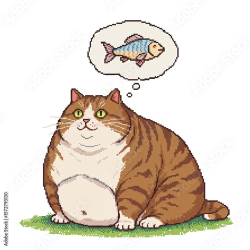 Dreamy Pixel Cat: Fat feline dreaming of fish on a white background. 8k.