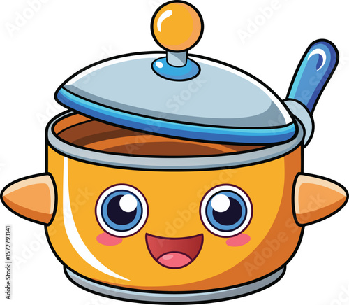 Cute saucepan with open lid and cheerful face, kawaii kitchenware vector on transparent background