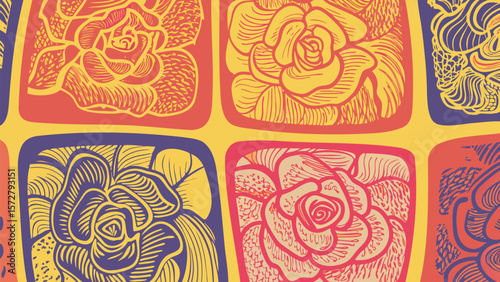A repeating pattern of stylized roses in squares with a yellow background and varied color palettes