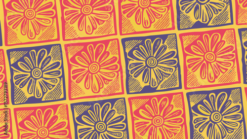 Floral pattern with squares in yellow, red, and purple creating a vibrant and textured design look