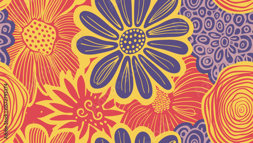 Colorful floral pattern with abstract shapes and vibrant hues creating a lively background design