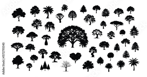 Black trees silhouette vector pack: various tree species for nature and landscape design elements art on transparent background