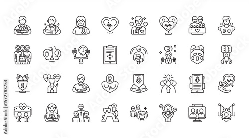 Mental Health and Wellness icon collection. A set of vector images representing well-being, group therapy, self-care, personal development, support groups, positive mindset, and meditation line style.
