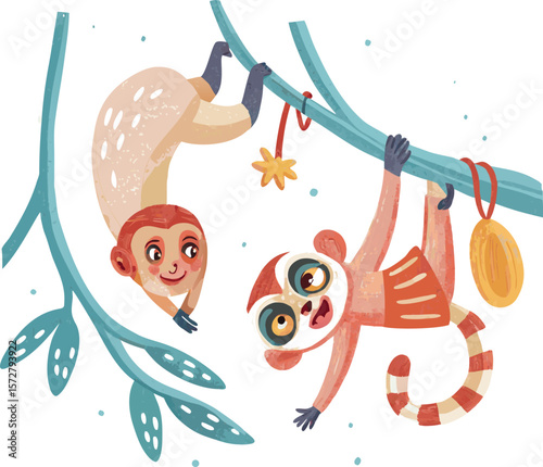 Cute little lemurs hanging on tree branches in playful vector, naive, clipart hand drawn  