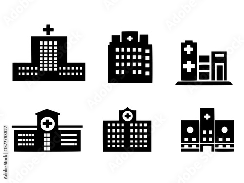 Essential Healthcare Icons: A set of six minimalist illustrations that embody the core of medical architecture. Designed to offer simplicity and visual clarity. 