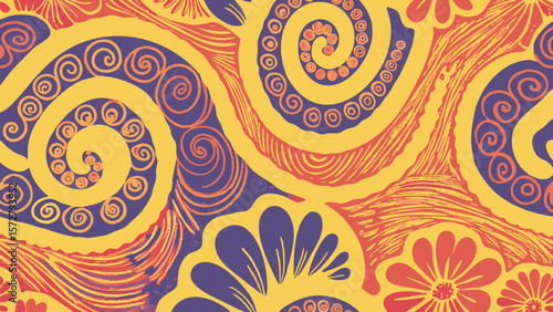 Abstract floral pattern with swirling shapes and vibrant colors in a decorative design style
