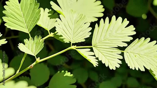 Close-up macro of fresh green leaves on a branch, capturing the vibrant foliage and natural growth of a summer plant