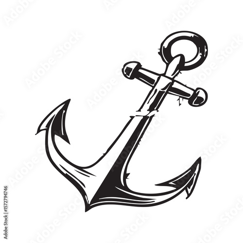 Nautical Anchor: A bold, black and white illustration of a classic nautical anchor. Ideal for a range of uses, symbolizing stability, hope and security.
