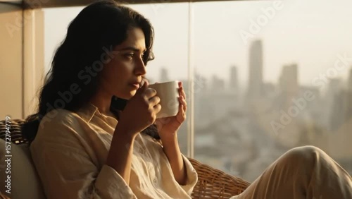 Relaxing woman enjoying morning coffee with city skyline view