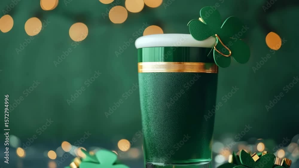 Green beer is celebrating saint patrick's day with shamrocks and string lights on a green background