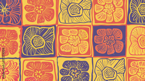 Floral pattern in squares with yellow, orange, and purple colors in a repeating design style art