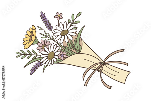 Boho cottagecore wildflower bundle with fabric ribbon bohemian charm vector art illustration