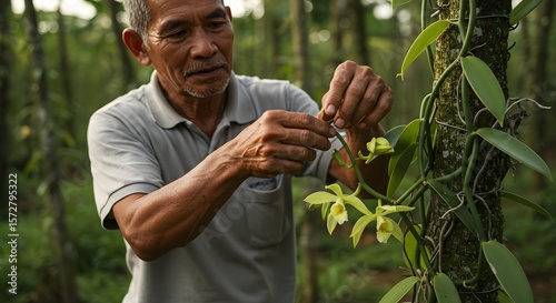 Vanilla Farmer Inspecting Orchid Flowers in Plantation