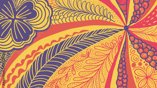 Abstract floral and leaf pattern with radiating lines in purple yellow and red color scheme design