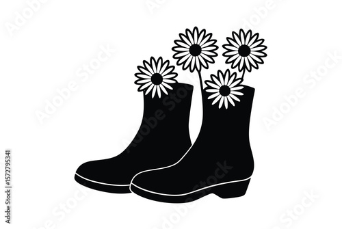 Classic boots with handpicked daisies inside charming rustic vector art illustration