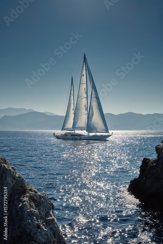 Elegant sailing boat captured from vertical angle, with crisp white sails and sparkling ocean reflections