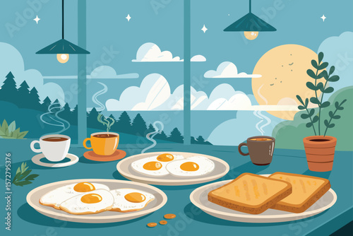 Vector illustration of a cheerful breakfast restaurant scene.