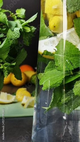 Close up of Lemon and Mint Lemonade Summer Refreshing Drink with Citrus and Ice.