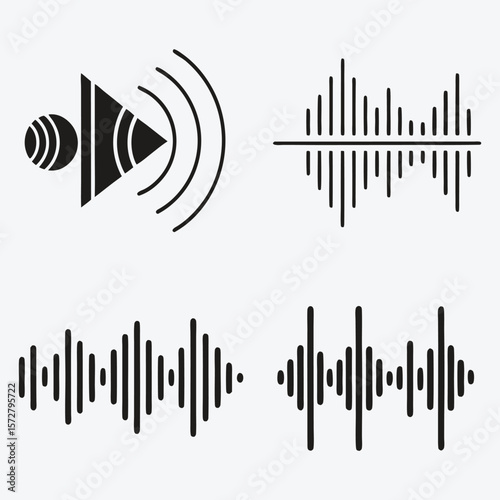 Collection of abstract sound wave and audio signal icons and graphics