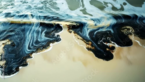 Orange and black toxic waste polluting ocean water near sandy beach shore, illustrating environmental damage