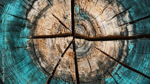 Close-up of a painted tree trunk highlighting growth rings and cracks, creating a striking visual contrast