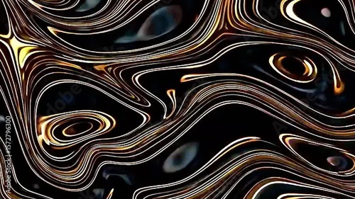 Abstract black and white fractal art with a seamless wavy liquid pattern and swirling metallic blue and gold paint texture