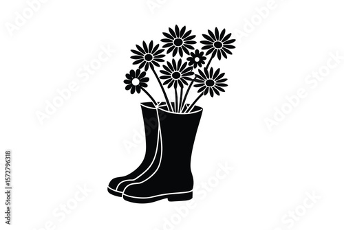 Garden boots bouquet with daisy florals cheerful garden scene vector art illustration
