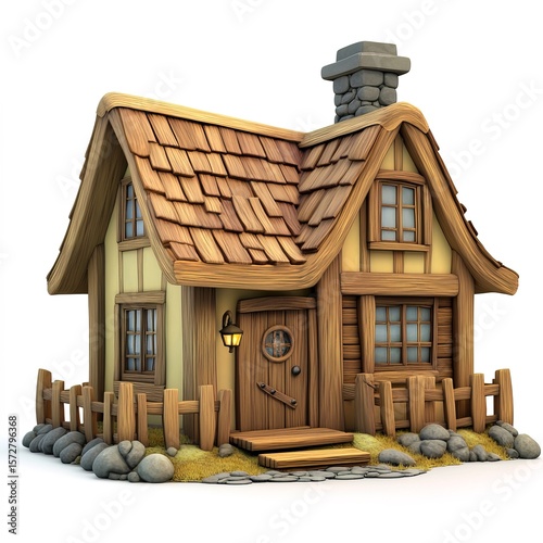 3D cartoon illustration of cozy wooden house with charming details, isolated on clean white background