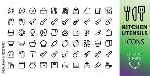 Kitchen utensils icons set. Set of cooking equipment, cutlery, kitchen tools collection vector icons with editable stroke