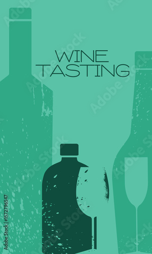Illustration of wine bottle, glasses, flat style, texture scuffs scratches. Wine list design, sommelier, kitchen design, alcohol store. White and red wine, chardonnay, merlot, burgundy, booze