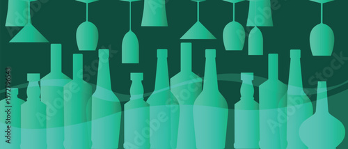 Collection of alcohol bottles and glasses, flat illustration, gradient. Vector design banner restaurant, wine bar, drink party, kitchen decor. Wine list, festival flyer, red wine, cocktails