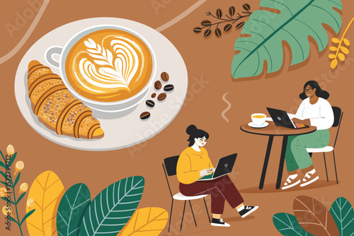 Vector scene of people working on laptops in a cafe with latte art.