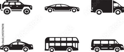 "Set of 6 Solid Black Vehicle Icons Representing Various Types of Transportation".