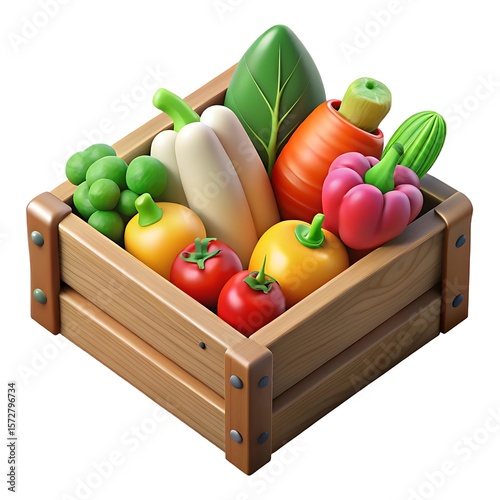A wooden crate overflowing with a colorful assortment of fresh vegetables and fruits