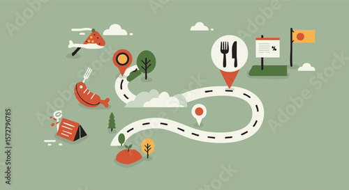 Culinary Road Trip: Foodie Destination Journey Map Illustration