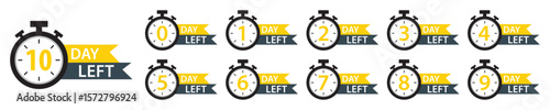 Countdown timer icons set. 0 to 10 days left stopwatch labels for sale, offer, promotion, limited time, events, digital market and deadline reminder. Countdown days left banner. Vector illustration.