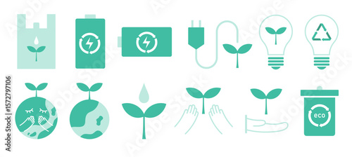 グリーンカラーでまとめたエコ・環境系のベクターアイコンセット（地球 リサイクル 電気 自然 再生可能）
