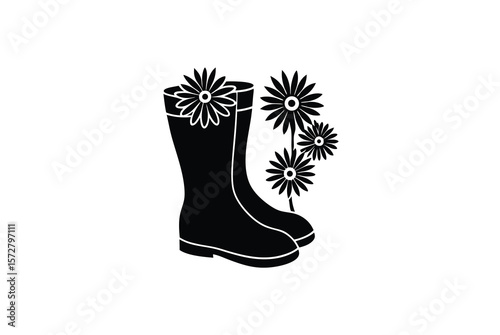 Red rubber boots with blooming daisies cheerful garden decor vector art illustration