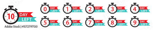 Countdown timer icons set. 0 to 10 days left stopwatch labels for sale, offer, promotion, limited time, events, digital market and deadline reminder. Countdown days left banner. Vector illustration.