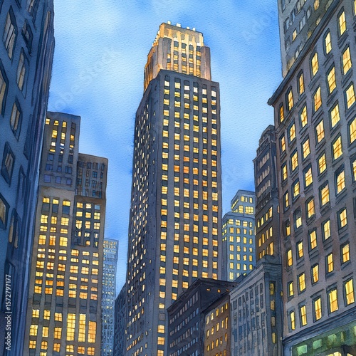 A stunning watercolor painting depicts a modern business center at night, showcasing a tall skyscraper illuminated against a twilight sky, with surrounding buildings reflecting