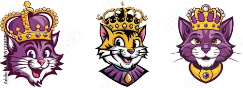 3 Royal Cat Mascots Set – Crowned King Cats Vector Illustration for Logo and T-Shirt Design